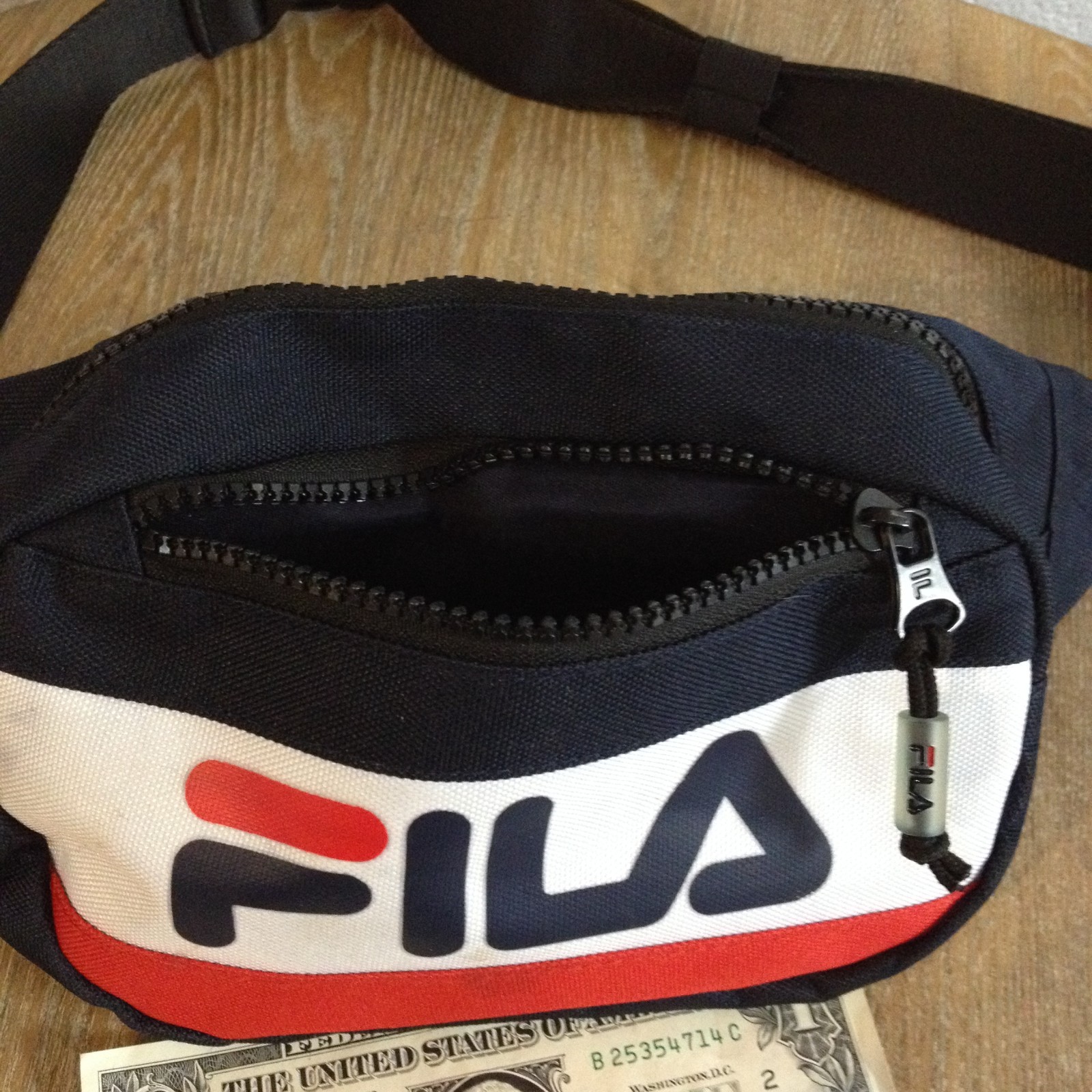 FILA Black Logo Fanny Pack Adjustable Belt Strap 2 Zipper Pockets Canvas