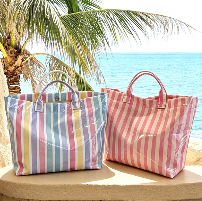 Womens Striped PVC Tote Bag Large Capacity Glossy Shopper Handbag Commuter