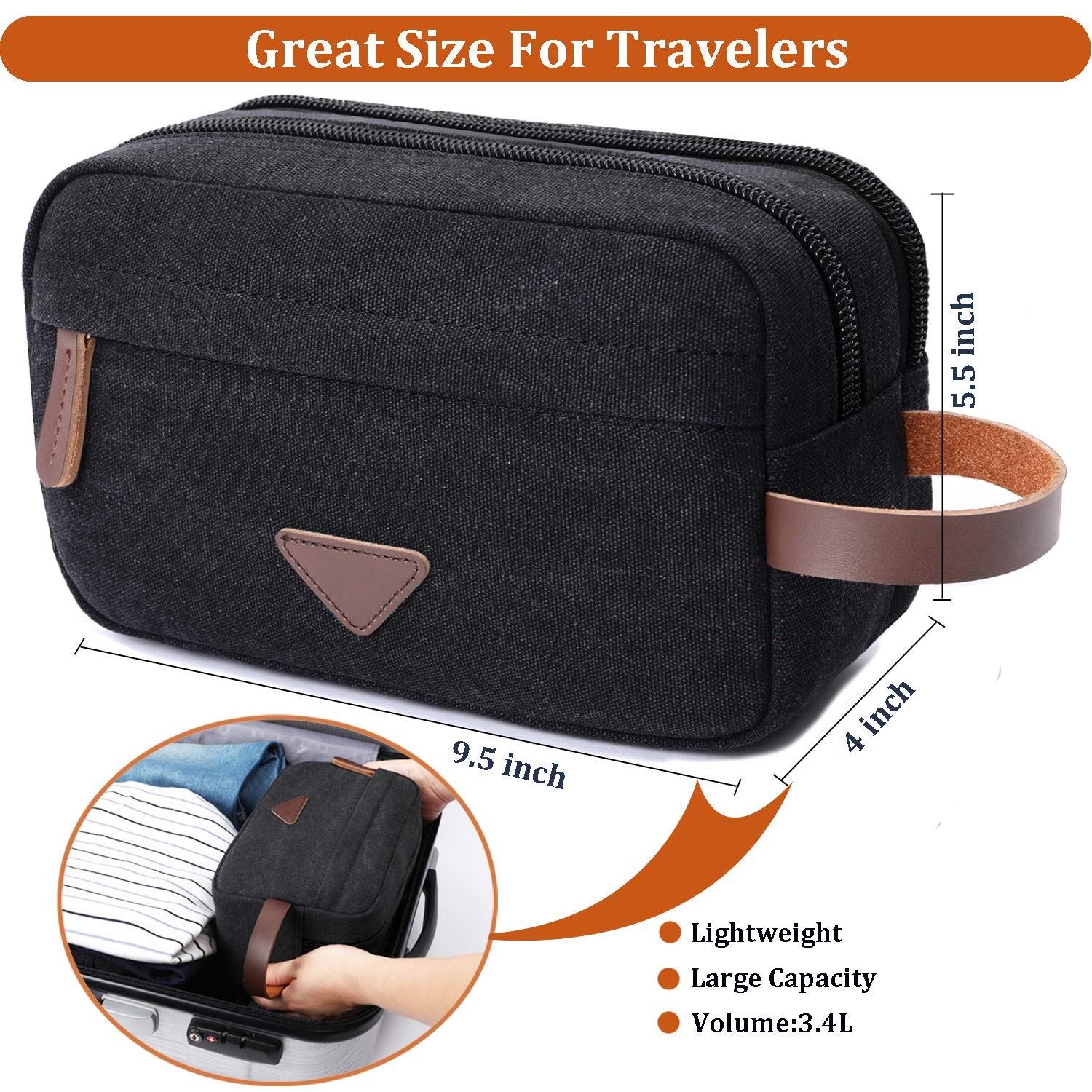 Mactso Men’s Toiletry Bag, Vintage Canvas 9.5×5.5×4 Inch (Pack of 1), Black