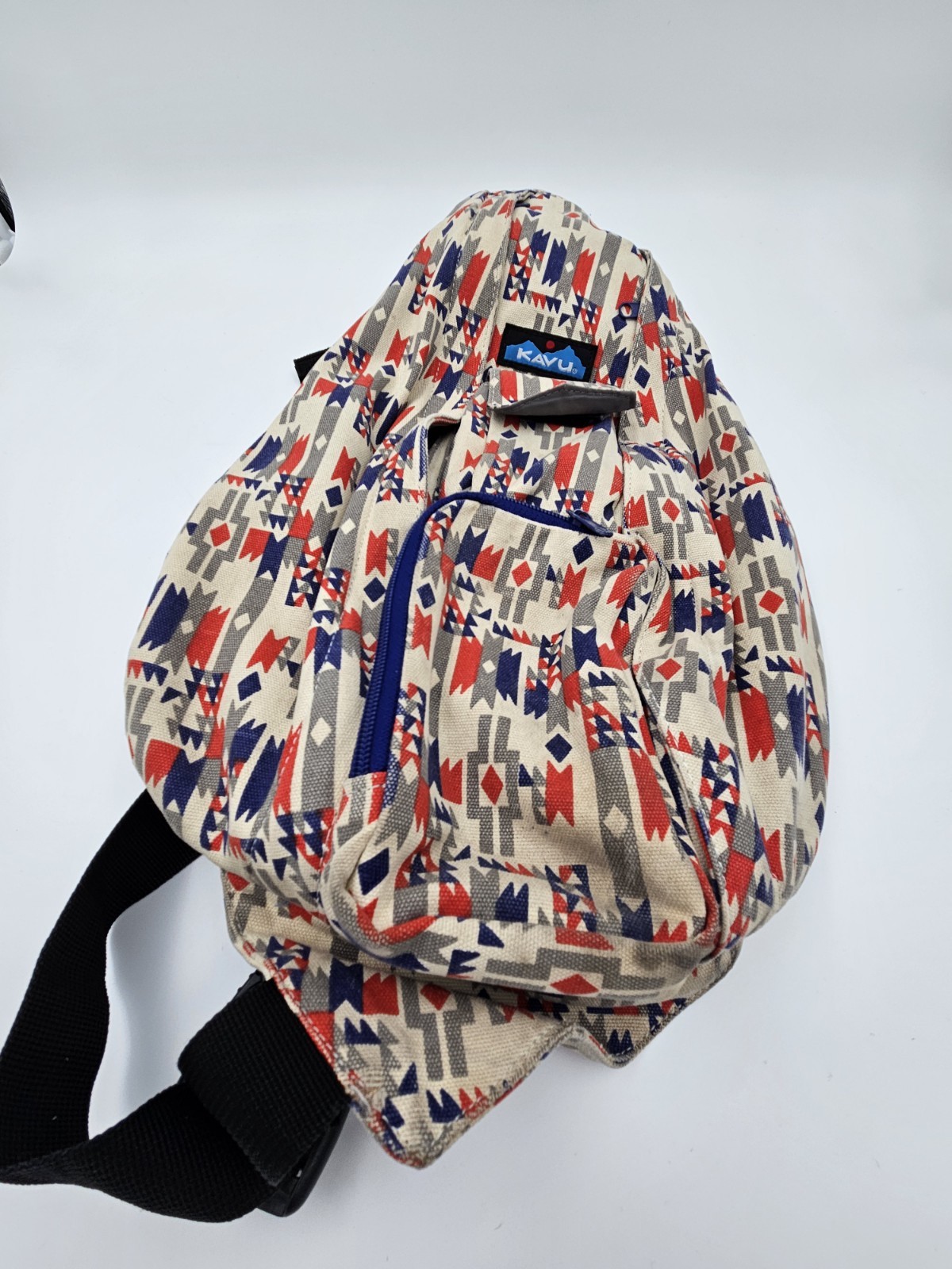 KAVU Sling Backpack Tribal Print Cotton Rope Strap Blue Red White
