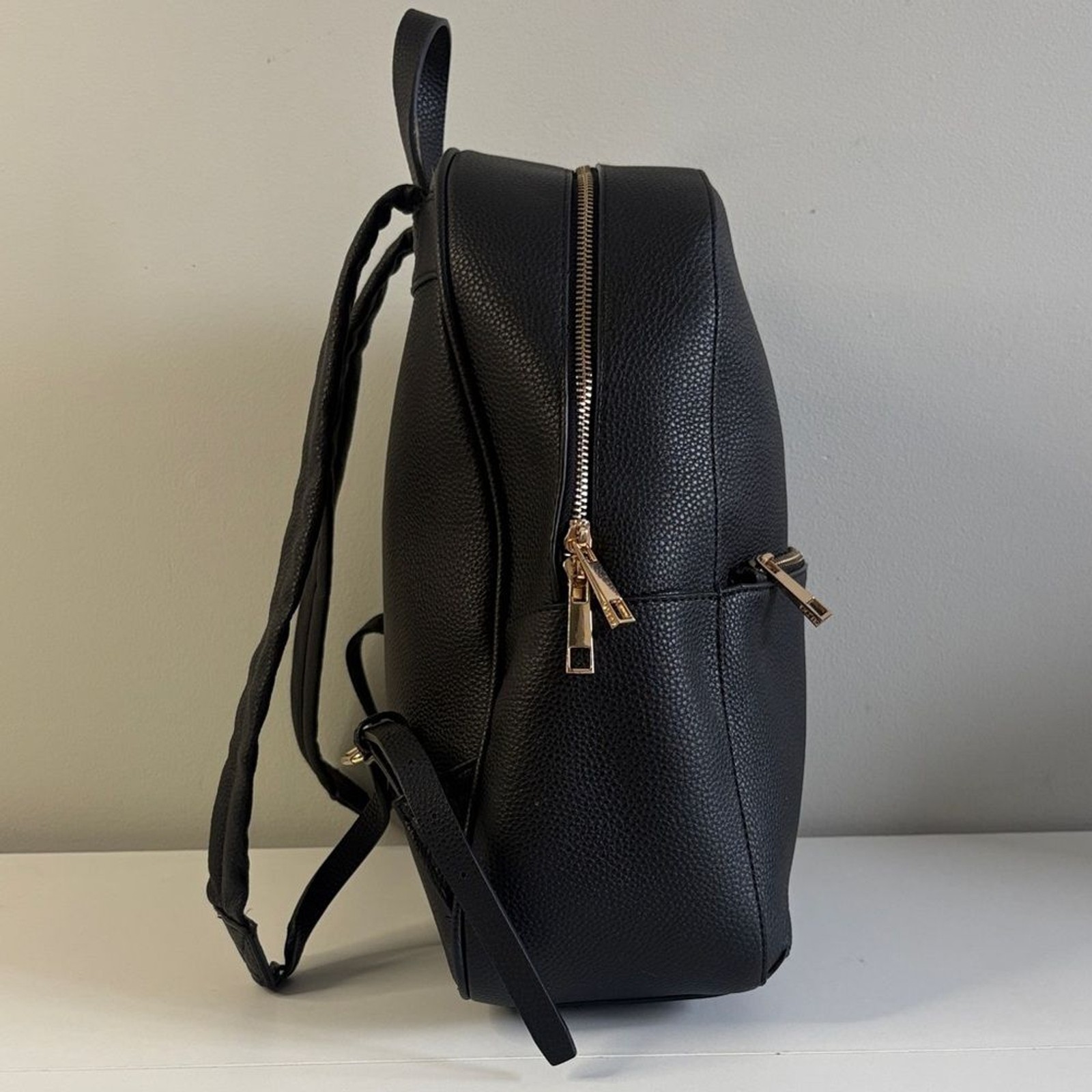 ALDO Black Pebbled Faux Leather Backpack Gold Zipper Minimalist Bag
