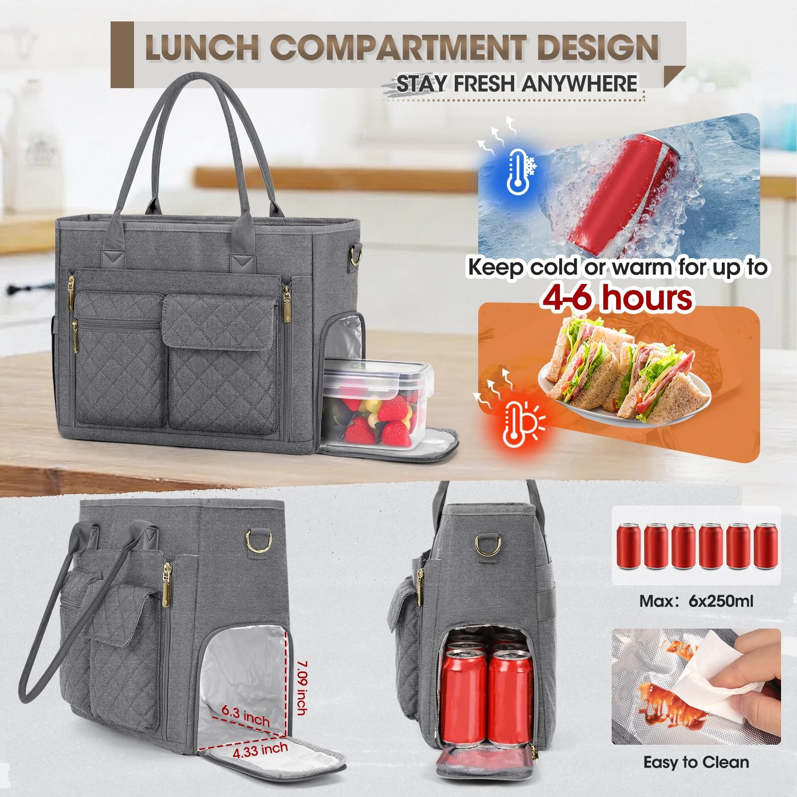 Teacher Tote Bag With Insulated Lunch Compartment 15.6 Inch Laptop Work Bag
