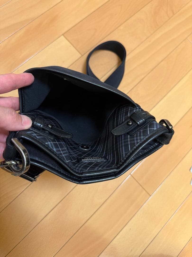 Burberry Black Label Nylon Leather Check Crossbody Shoulder Bag Men Black