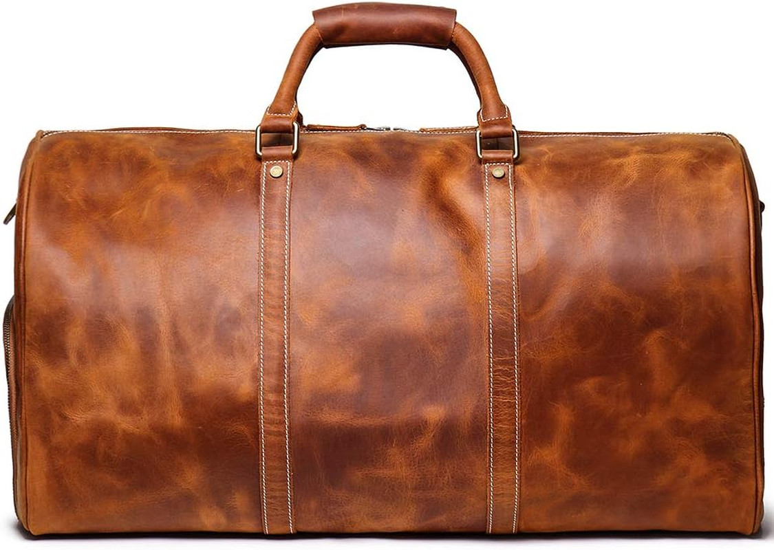 24″ Leather Weekender Bag with Shoe Compartment,Classic Mens Leather Travel Duff