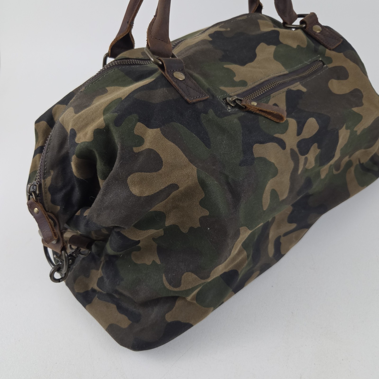NEWHEY Weekender Leather Trim Waxed Cotton Duffle Bag Camouflage