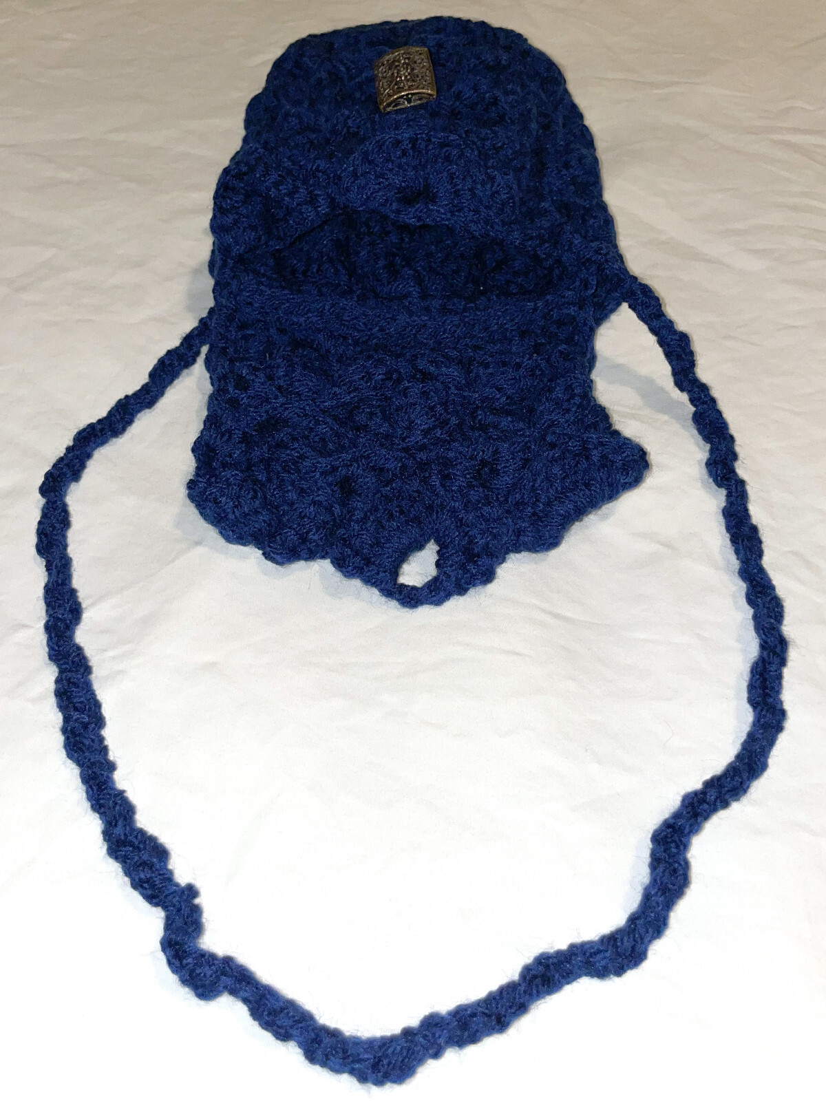 HANDMADE Knit CROCHET Dark NAVY BLUE Small SHOULDER BAG with BRONZE Metal BUTTON