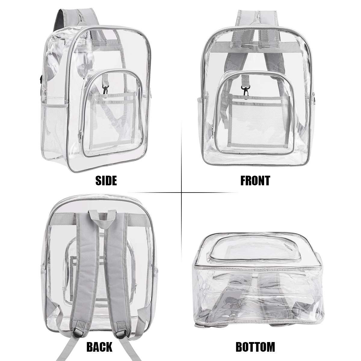 Extra Heavy Duty Clear Backpack Transparent Bookbag Back to School (Black, Grey)