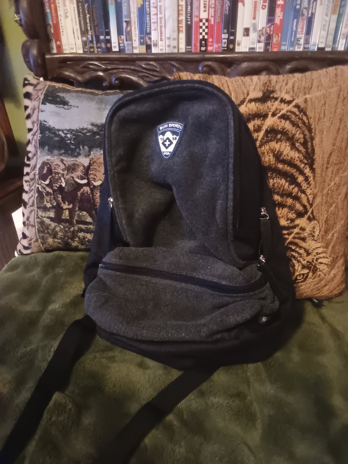 Bum Equipment Sports backpack,dark grey fleece and black,3 zippered compartments