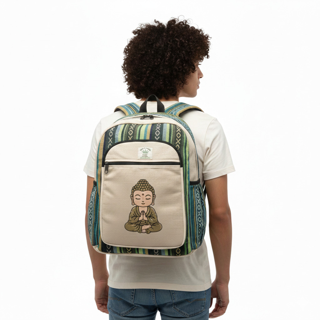 Himalayan Hemp Backpack – Buddha Nepal Boho Laptop Bag – Eco-Friendly Hippie Yog