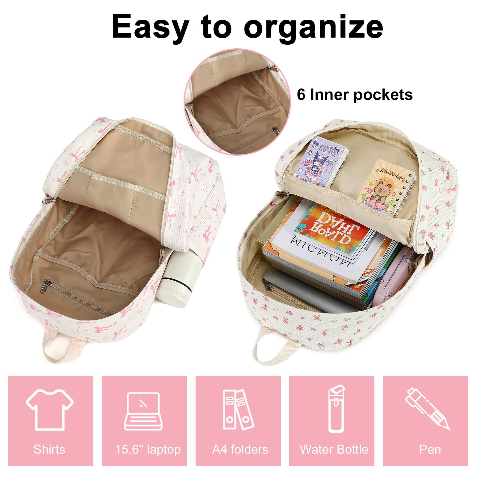 Pink Bow Floral Corduroy School Backpack 15.6 Inch Laptop Bag Women Teen Girl