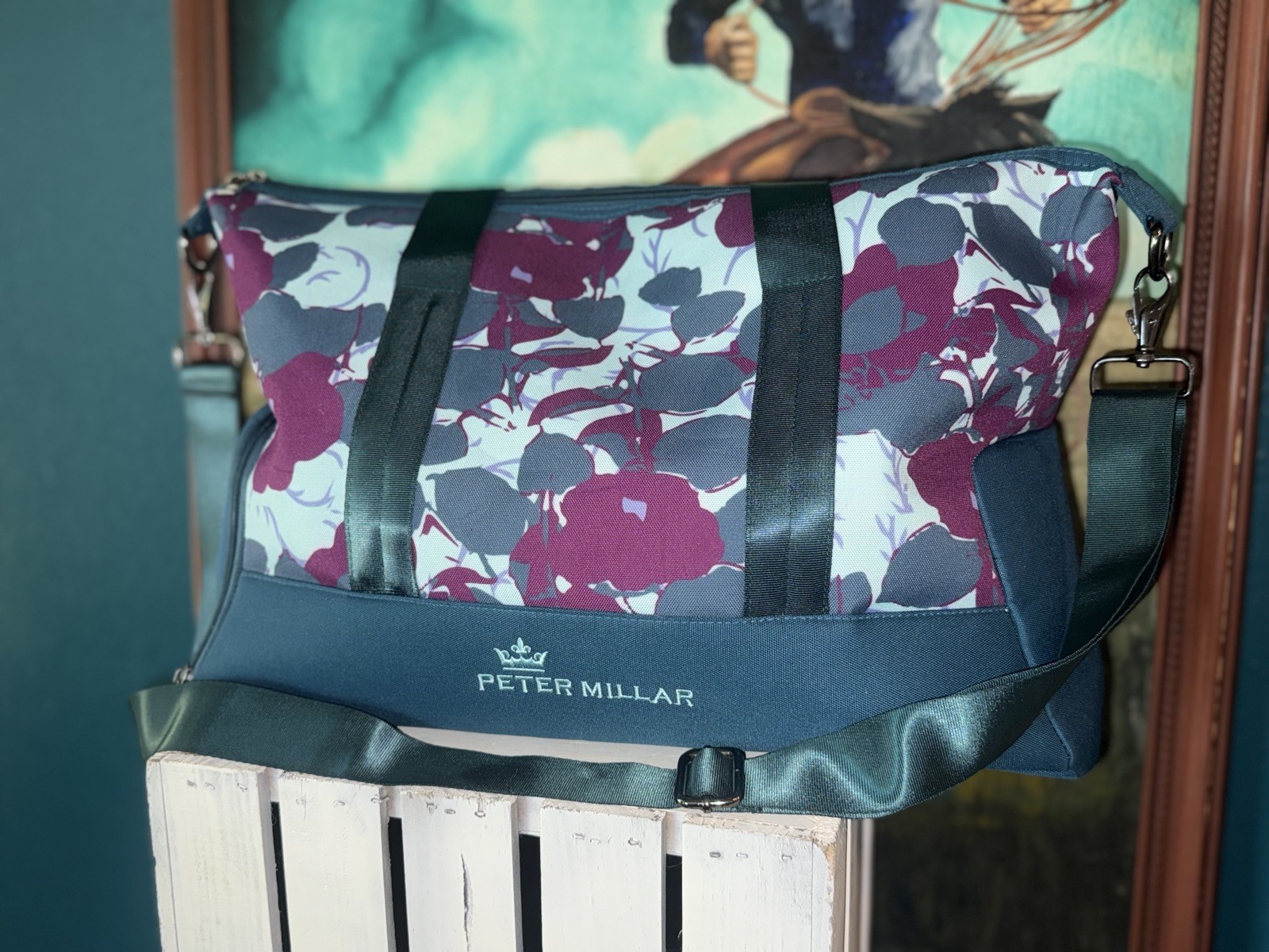 Peter Millar Golf Teal Floral Print Overnight Travel Weekender Duffle Bag