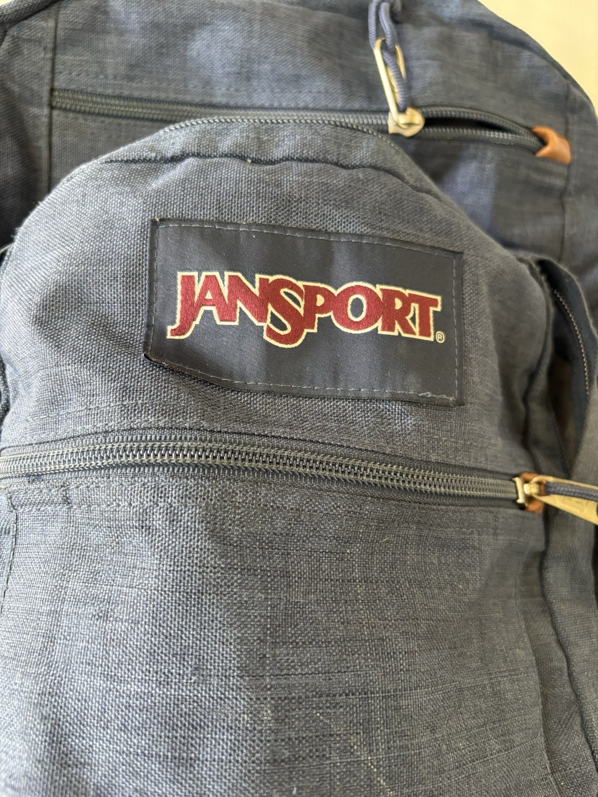 VTG JANSPORT Cool Student Blue Canvas Backpack Tan Faux Leather Laptop Pocket