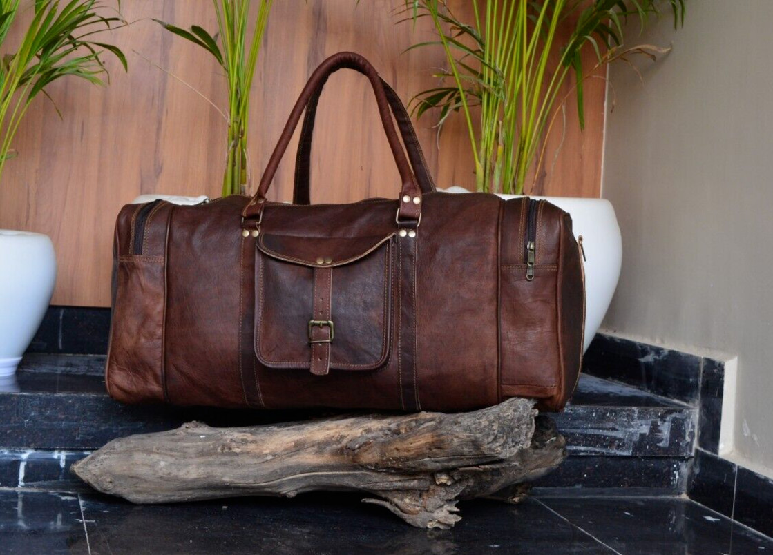 Distressed goat leather duffle carry-on-bag travel for men satchel sports brown