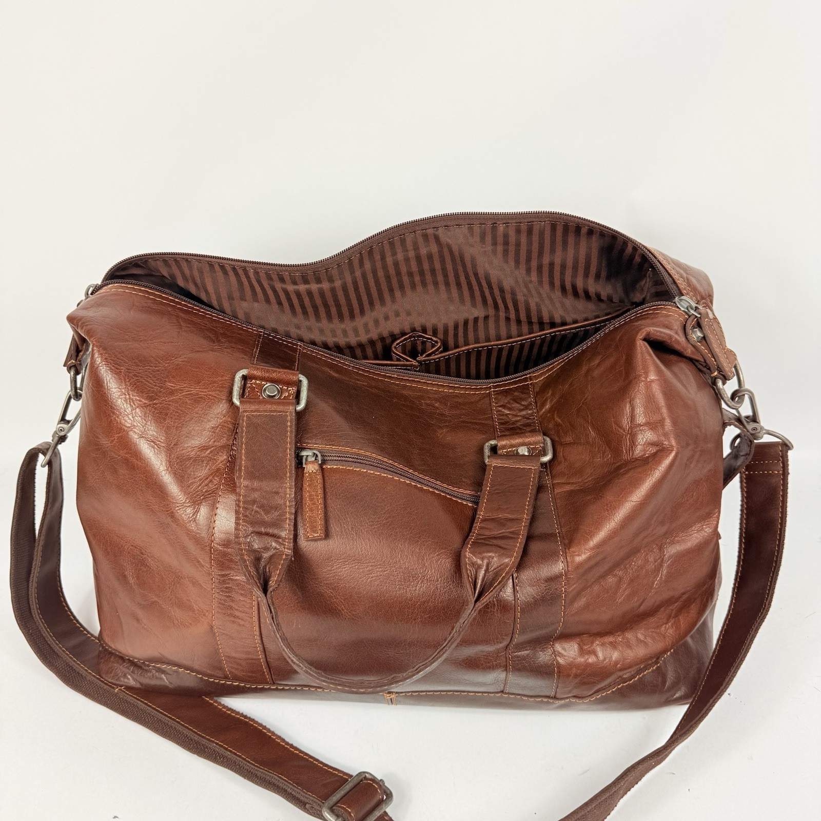 Jack Georges Brown Voyager Duffle Bag Genuine Leather Excellent w Strap USED