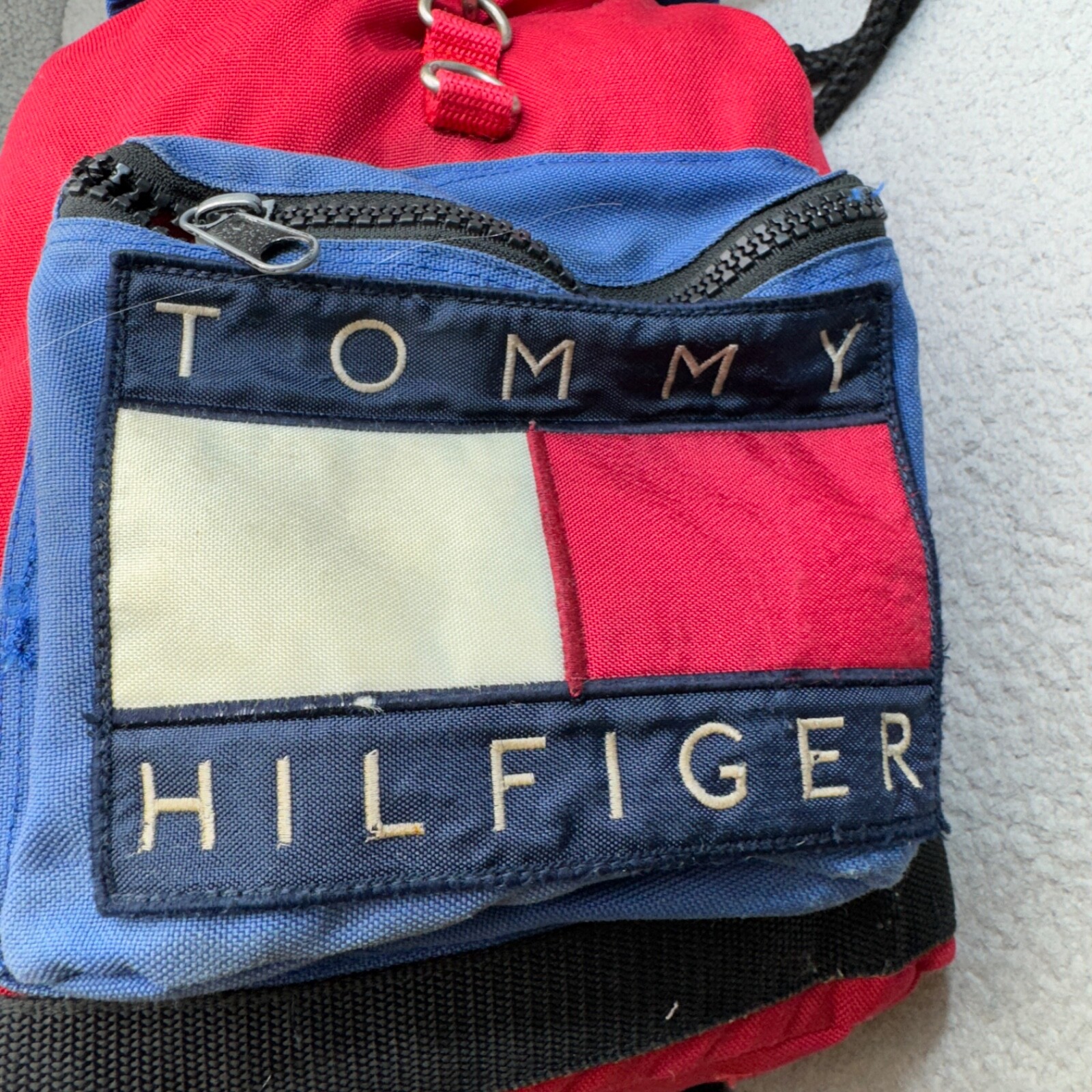 VINTAGE Tommy Hilfiger Backpack Red Blue 90s Alpine Olympics Patch Cinch Canvas