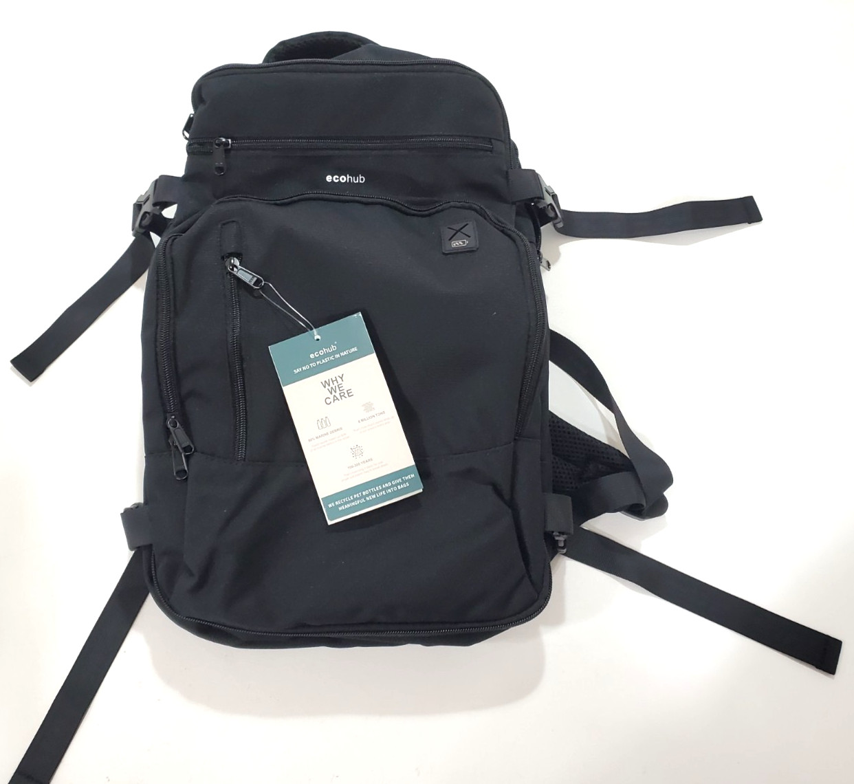 ECOHUB Black Backpack 16 Pockets Carry-On Travel 17″ Water Resistant Lightweight
