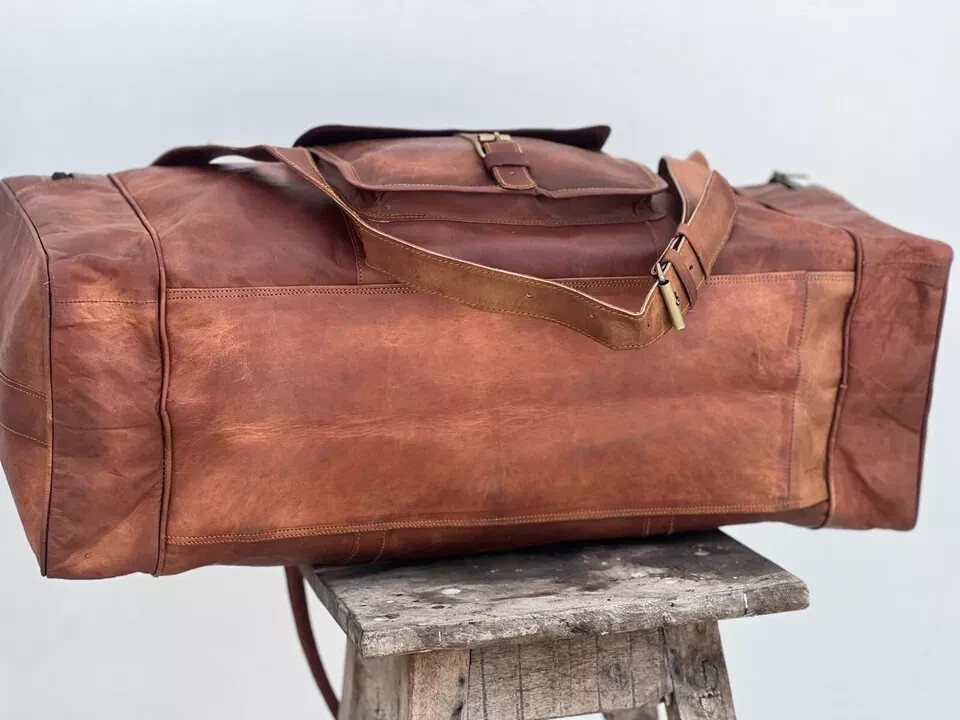 NEW 36″ Men Genuine Goat Leather Brown Duffel Travel Gym Weekend Overnight Bag
