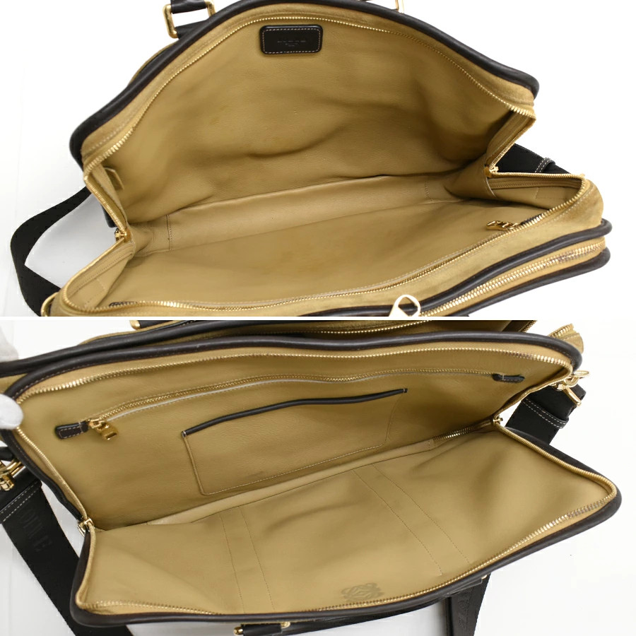 LOEWE 2way Briefcase Business Bag Suede Leather Anagram Khaki Green Brown Gold