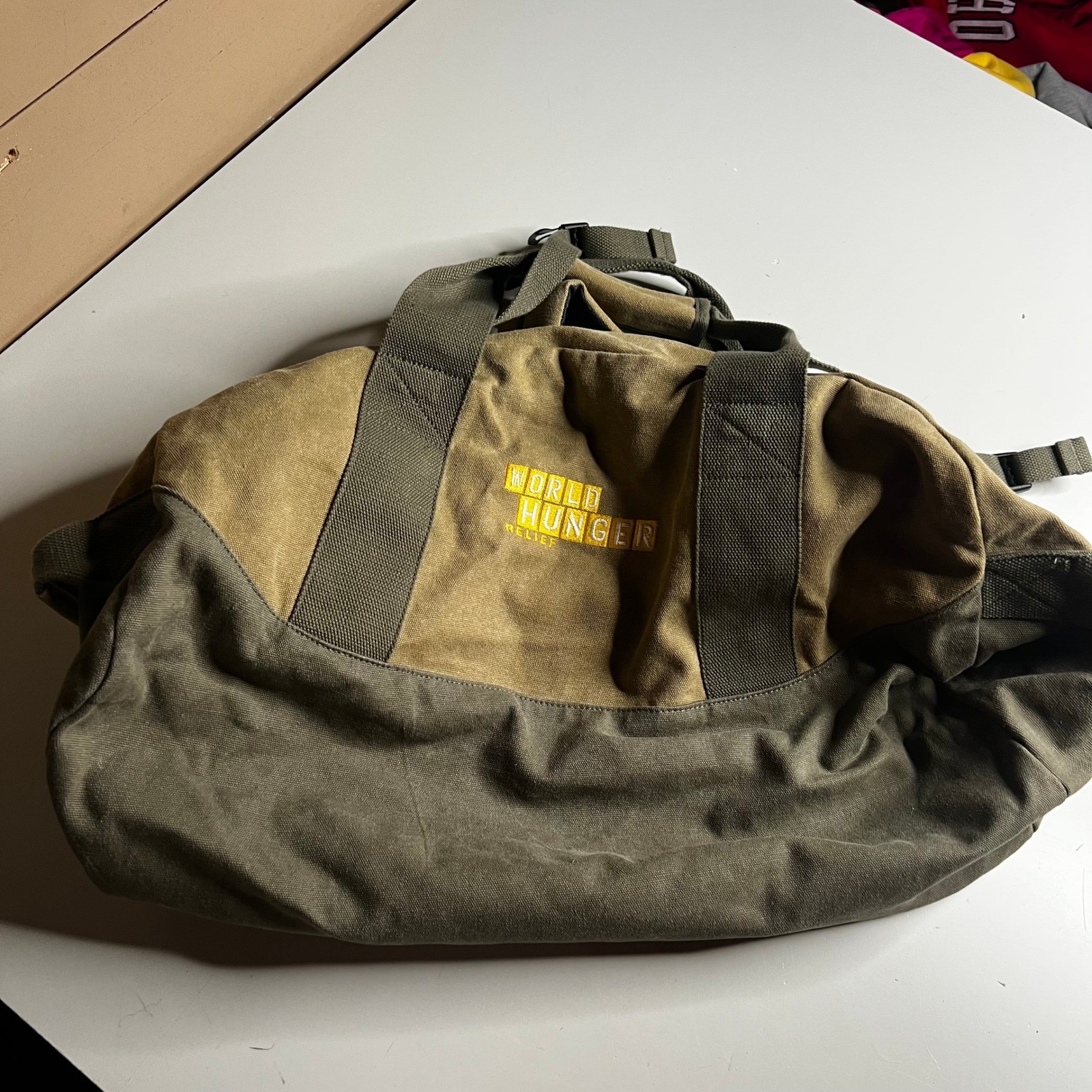 LL Bean Canvas Duffle Bag Khaki Olive Green World Hunger Relief Travel Gym Bag