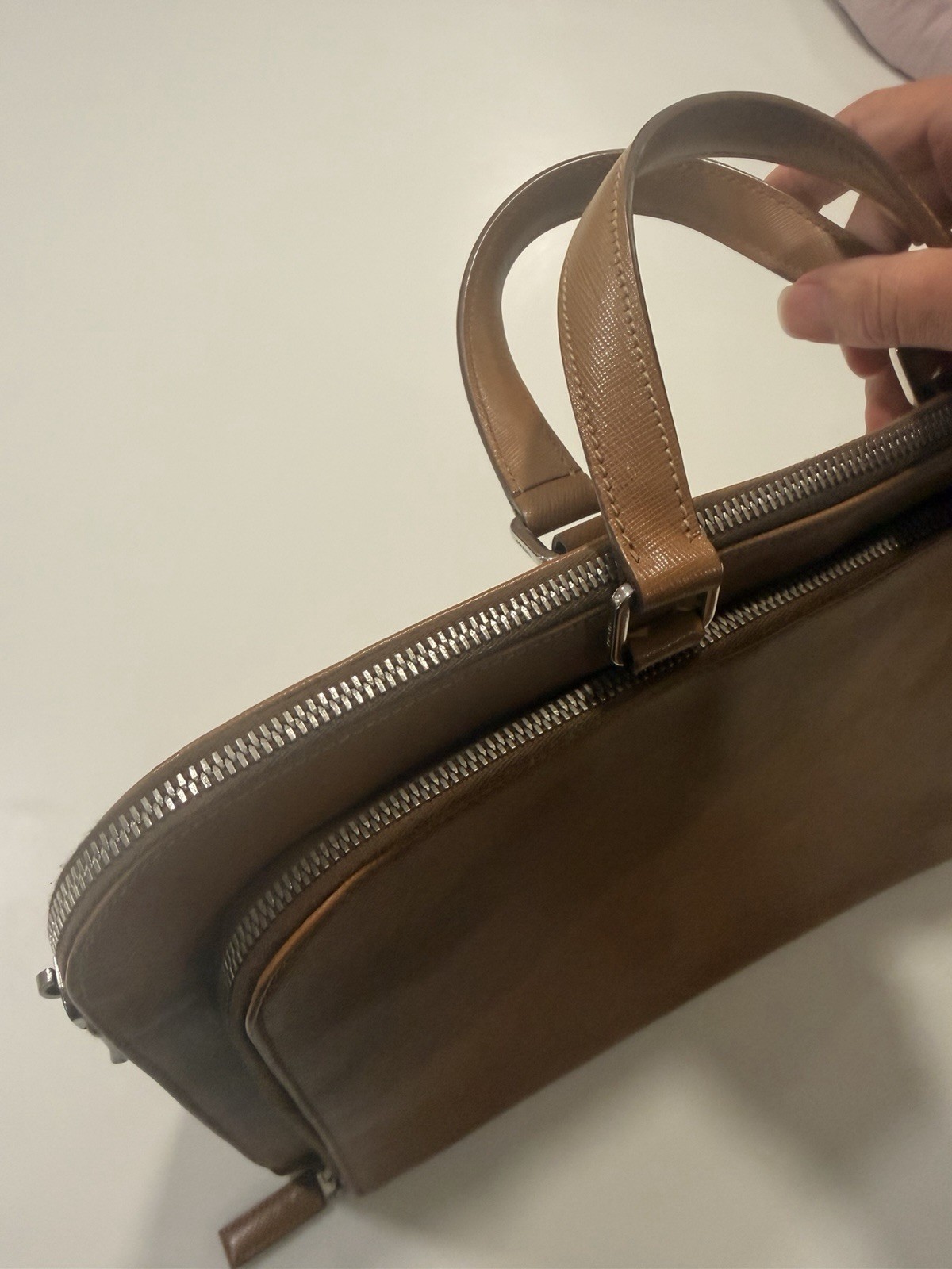PRADA Brown Men’s Zip Briefcase/Document Case Top Handle w/ Inner Pockets