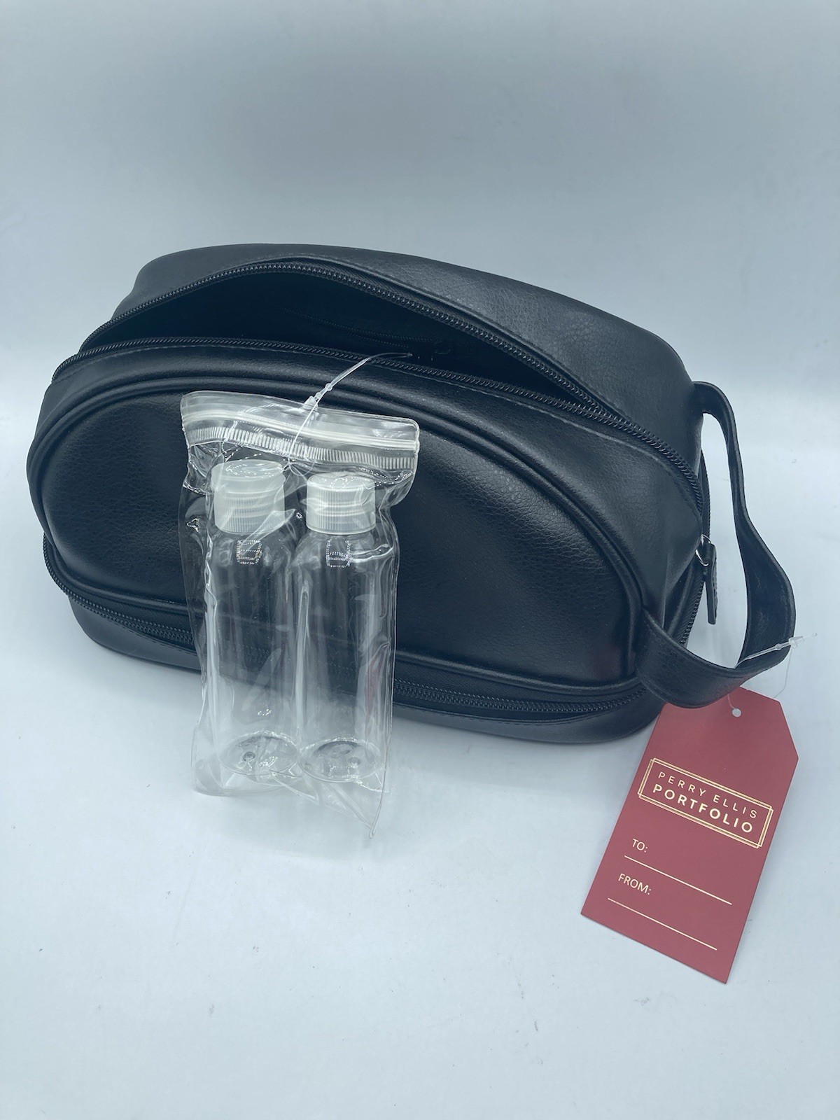 NEW TAGS BOTTLES Perry Ellis Portfolio Mens Black Zipper Toiletry Travel Bag NWT