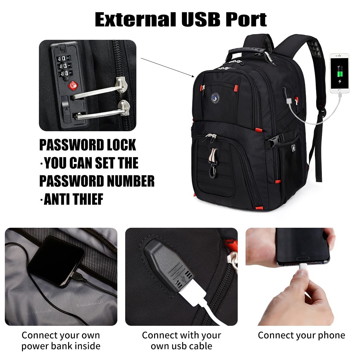 Shrradoo Extra Large 50L Travel Laptop Backpack Usb Charging Port College High