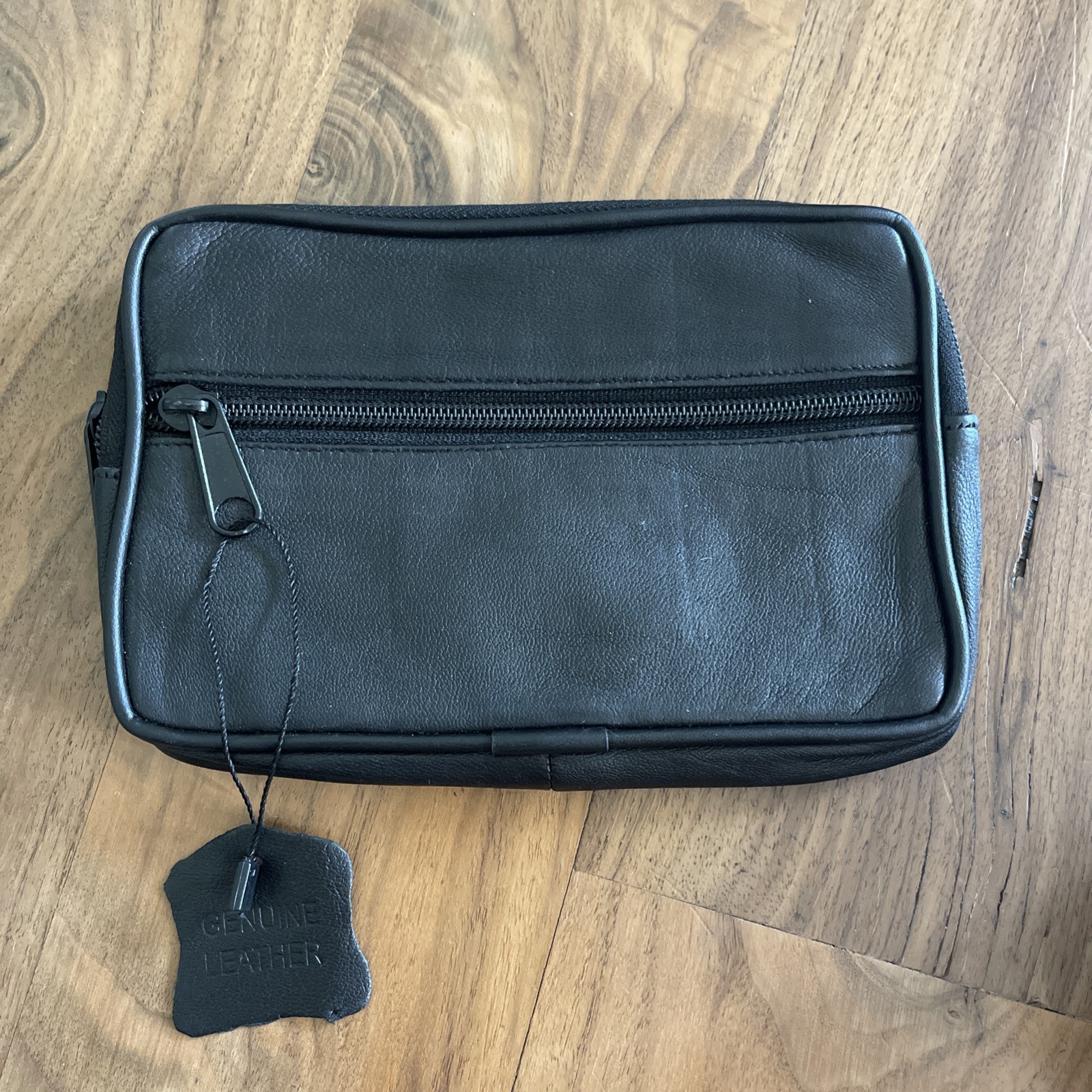 100% Leather Pouch Bag Black With Belt loops & Zip Closure; Travel