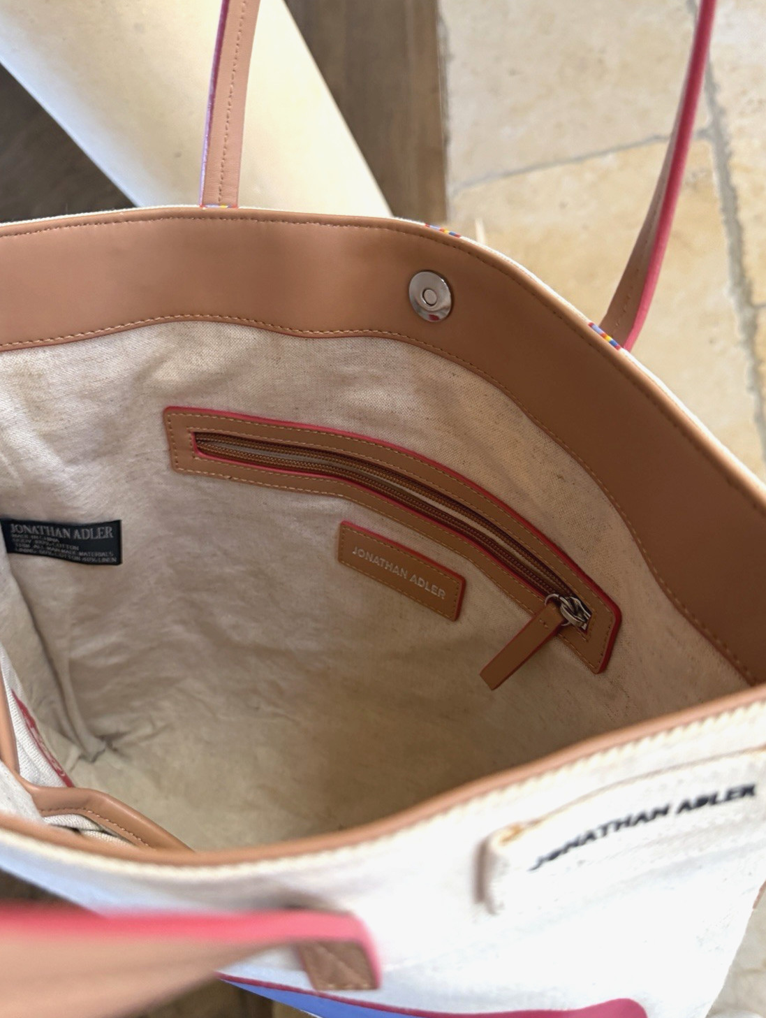 Jonathan Adler Beach Bag Tote Bag Malibu Cotton Linen, 16″ x 15″, Mint