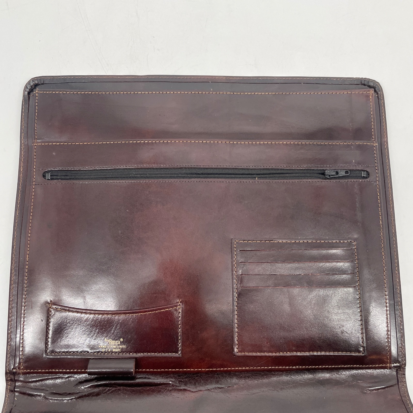 Bosca Dark Brown Leather Briefcase bag hand stained hide lock USA portfolio key