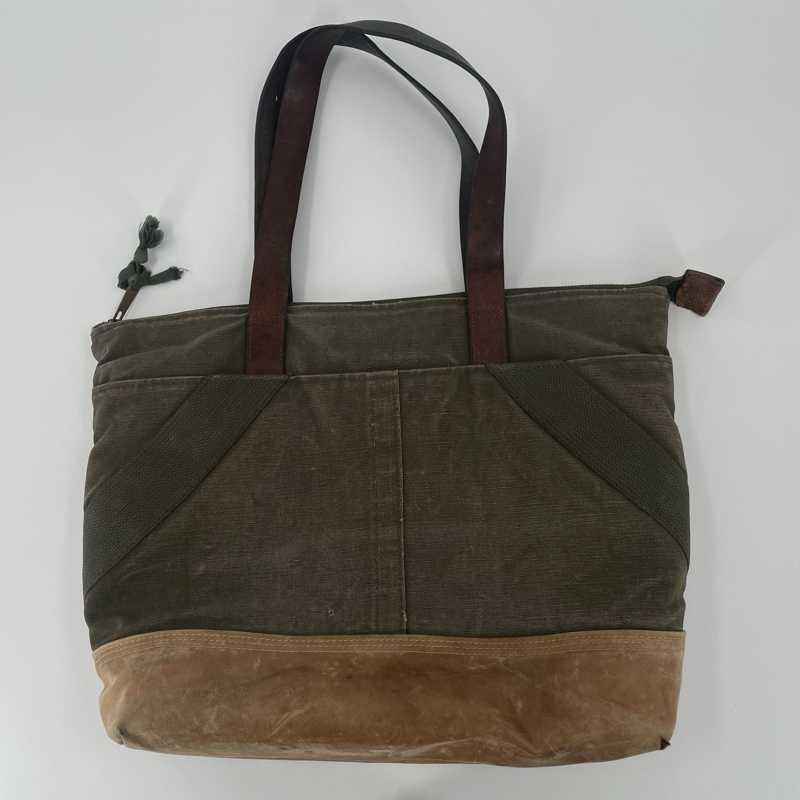 Atelier de L’Armee Green Canvas Brown Leather Tote Bag – Distressed
