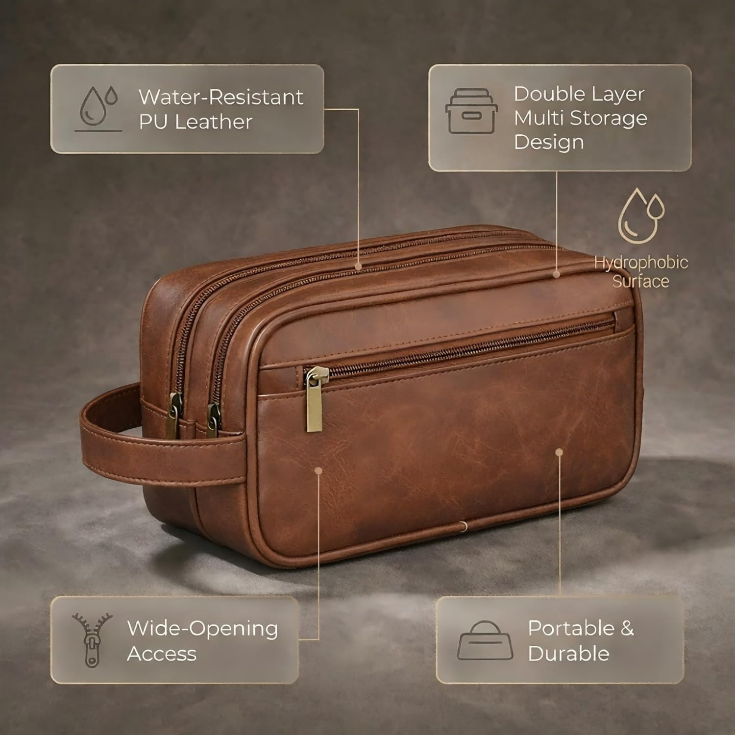 Men’S Toiletry Bag Travel Dopp Kit – Double-Deck Leather Water-Resistant Shaving