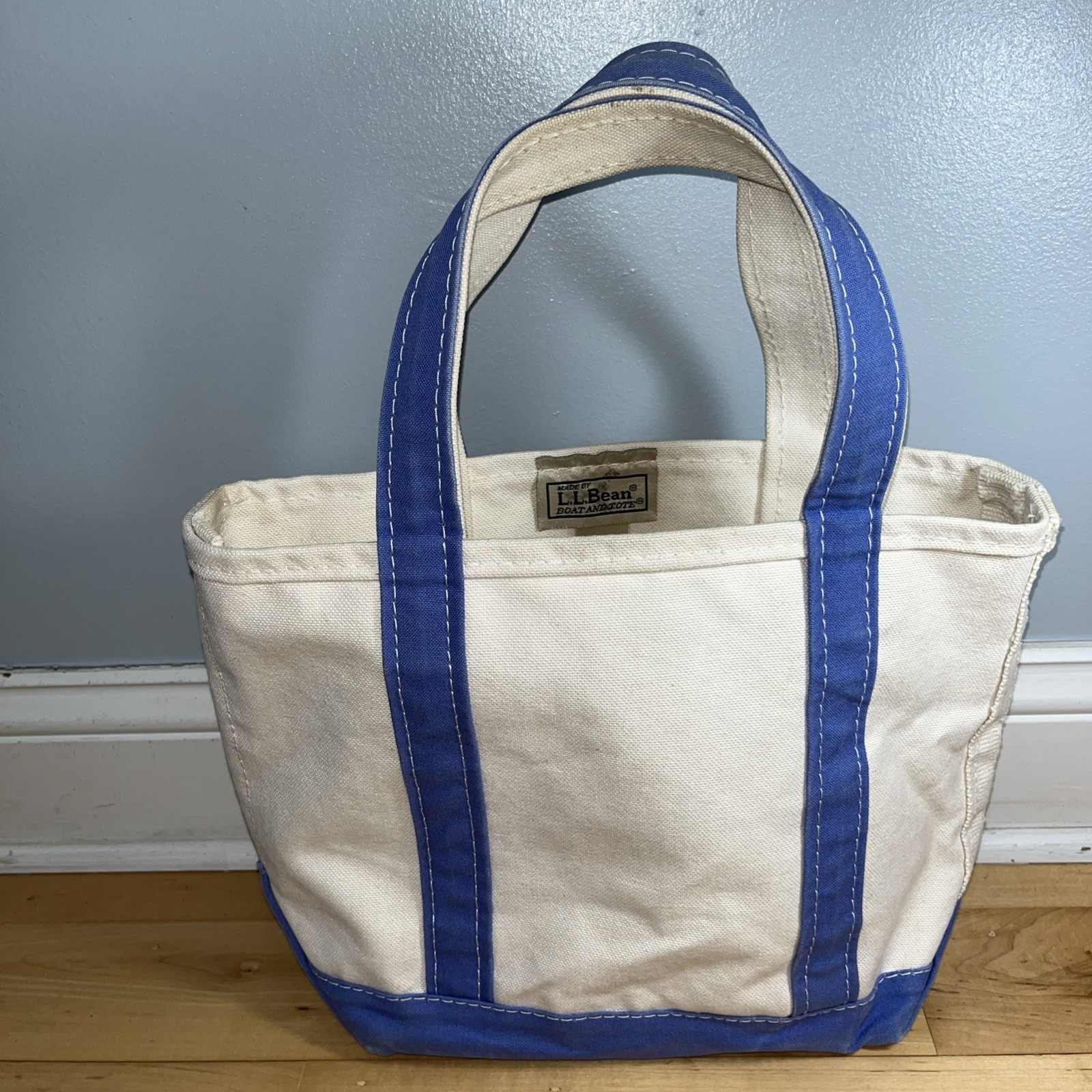 Vintage LL Bean Boat and Tote Small Natural Blue/purple Canvas Tote Hand Bag