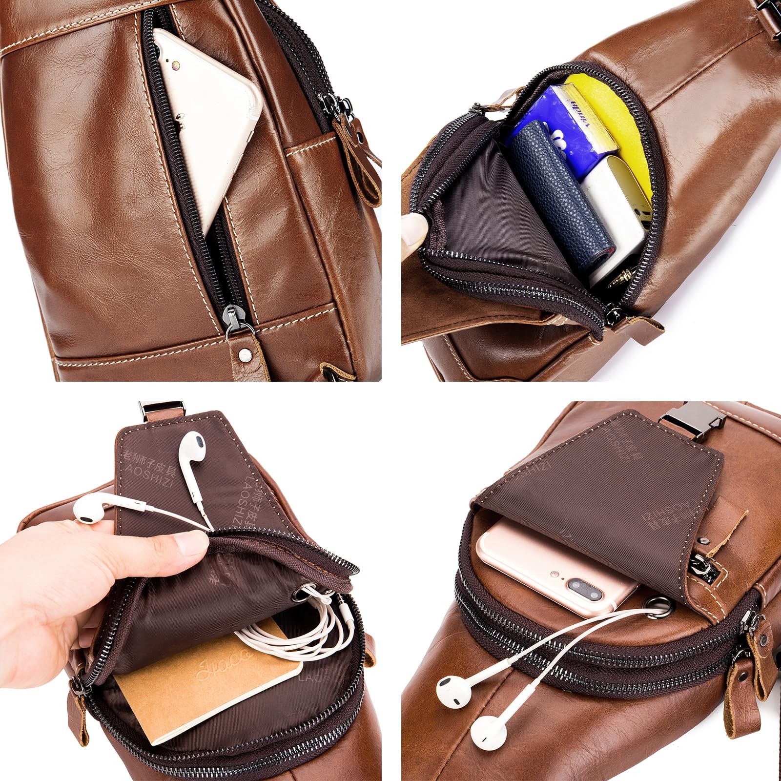 Leather Sling Bag for Men Chest Shoulder Bag Crossbody Backpack Black 1 PCS
