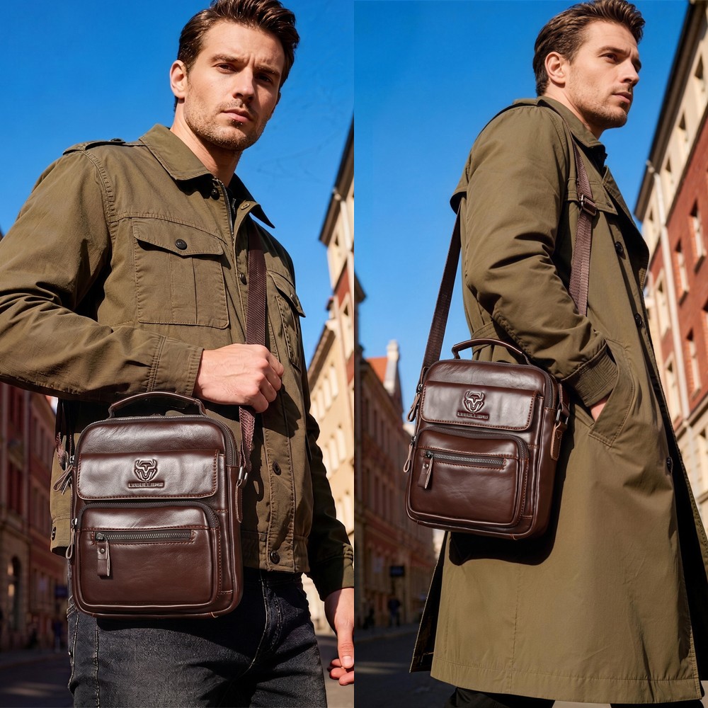 LEBULLBRO Mens Cowhide Leather Sling Bag Shoulder Crossbody Bags Business Bag