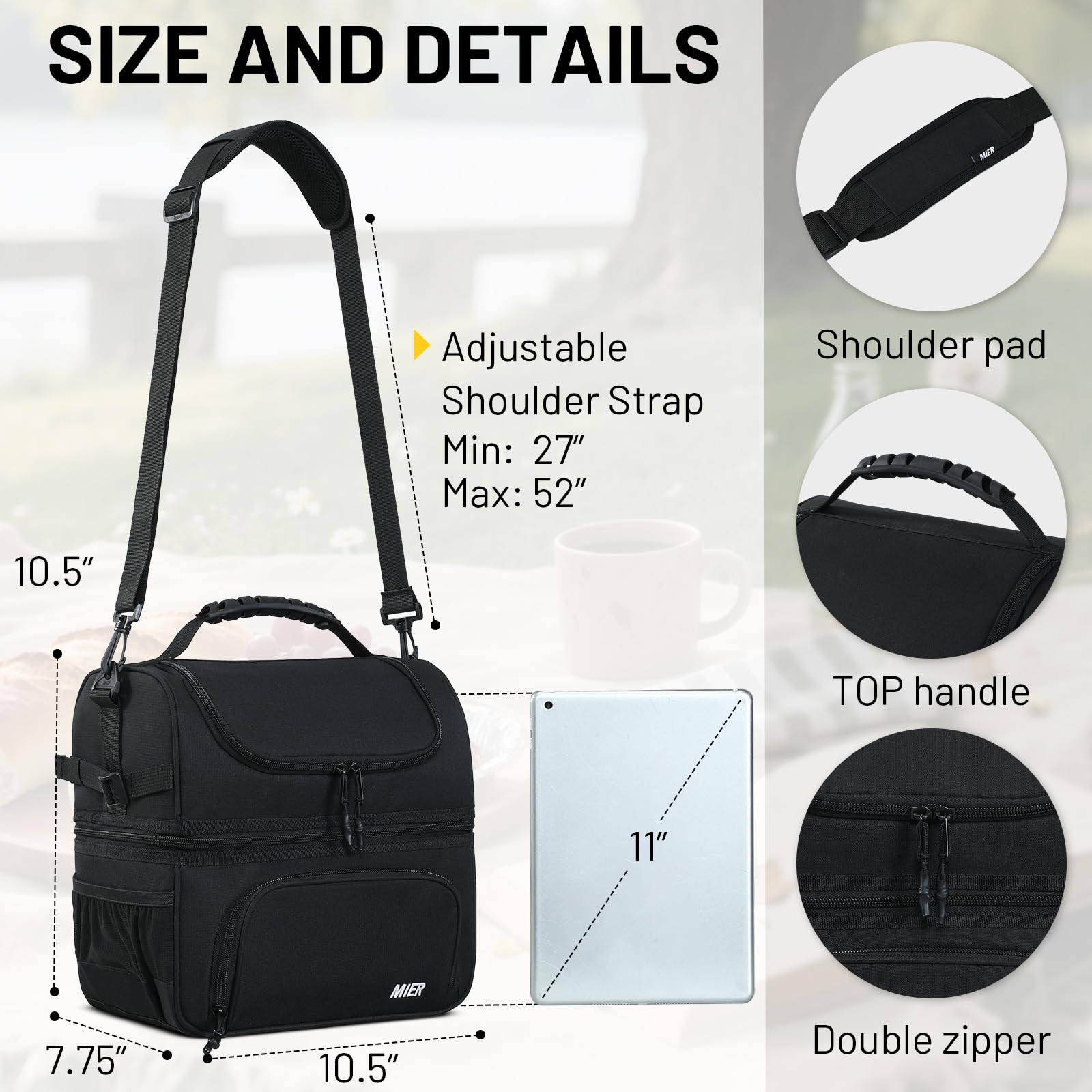 MIER Dual Compartment Lunch Bag Tote with 10.5 x 7.75 x inches, Black