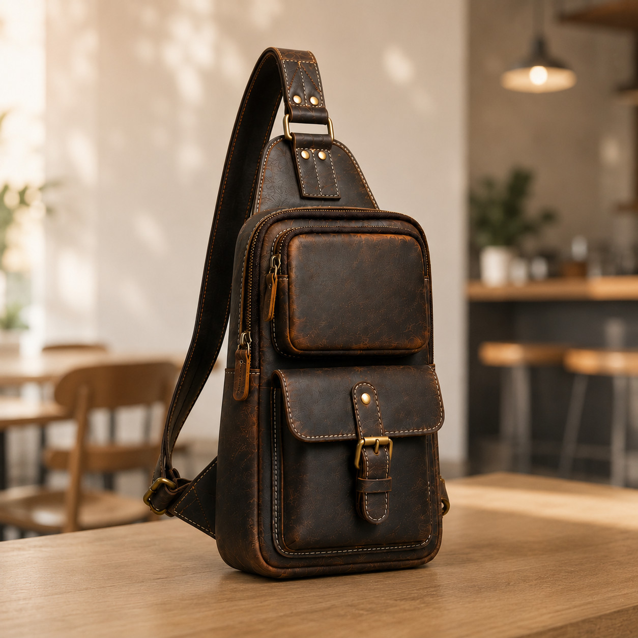 Custom Initial Leather Crossbody Bag Men Brown Vintage Chest Sling Backpack