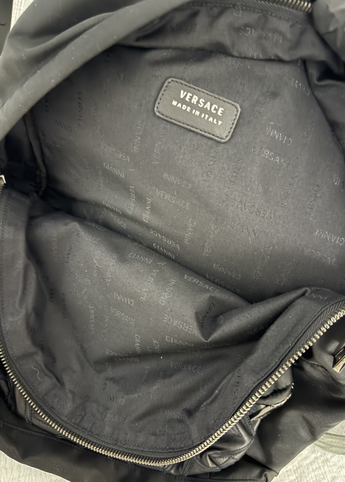 Versace Black-On-Black Nylon Backpack – Leather Front Panel w/ Stud Detail