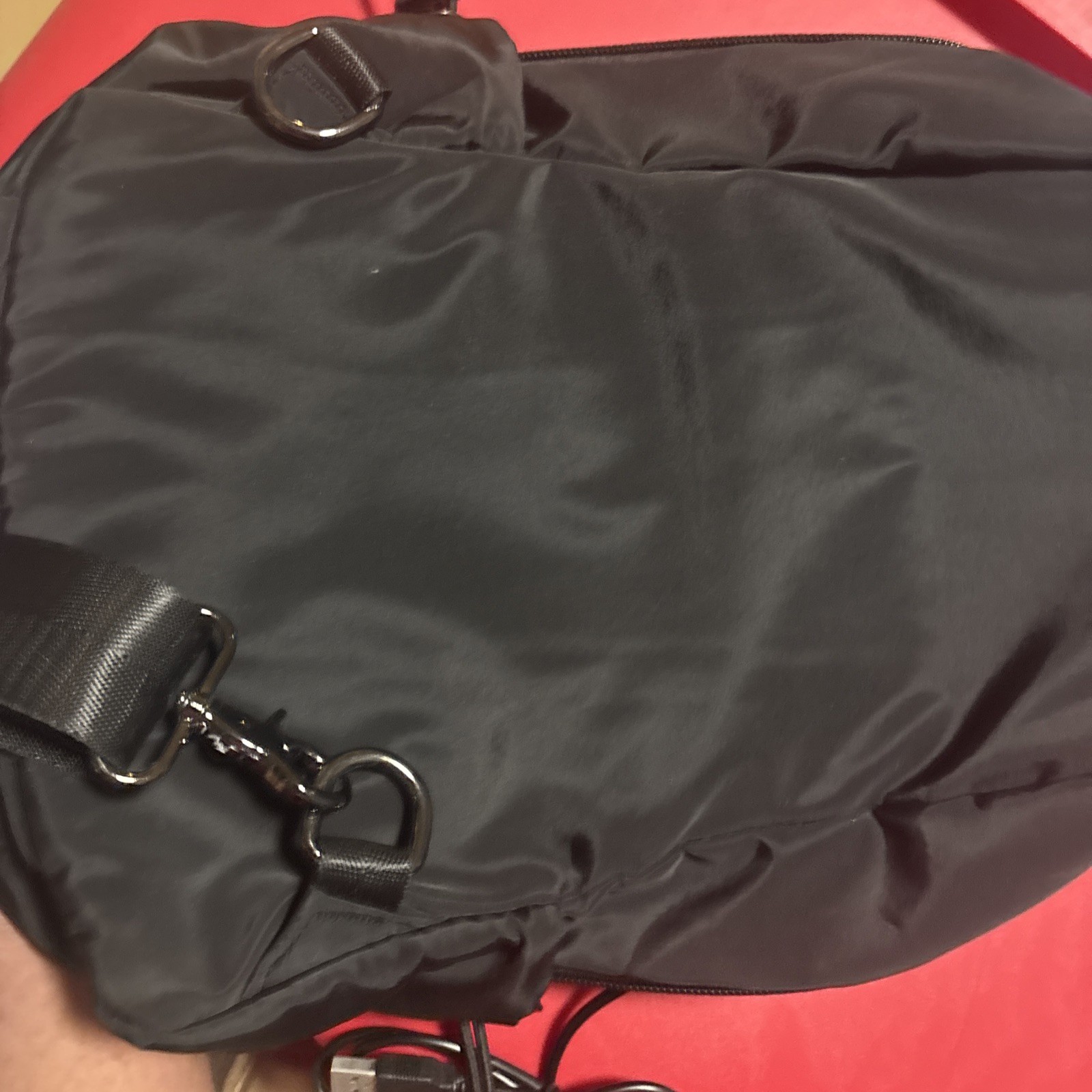 Black Nylon Backpack/Crossbody Bag, With Charging Cable, Lightweight,