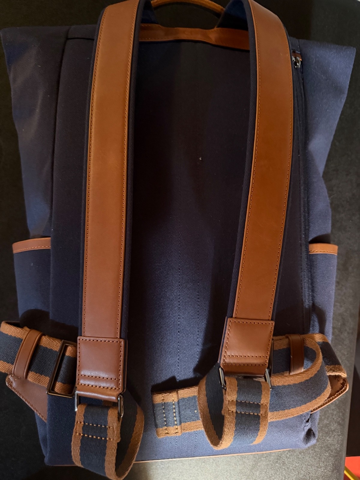 Cole Haan Navy Canvas Backpack with Cognac Leather Trim