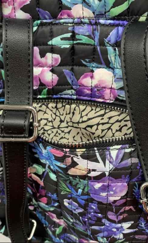 Max Studio Black Floral Quilted Backpack Bag Silver Tone Hardware
