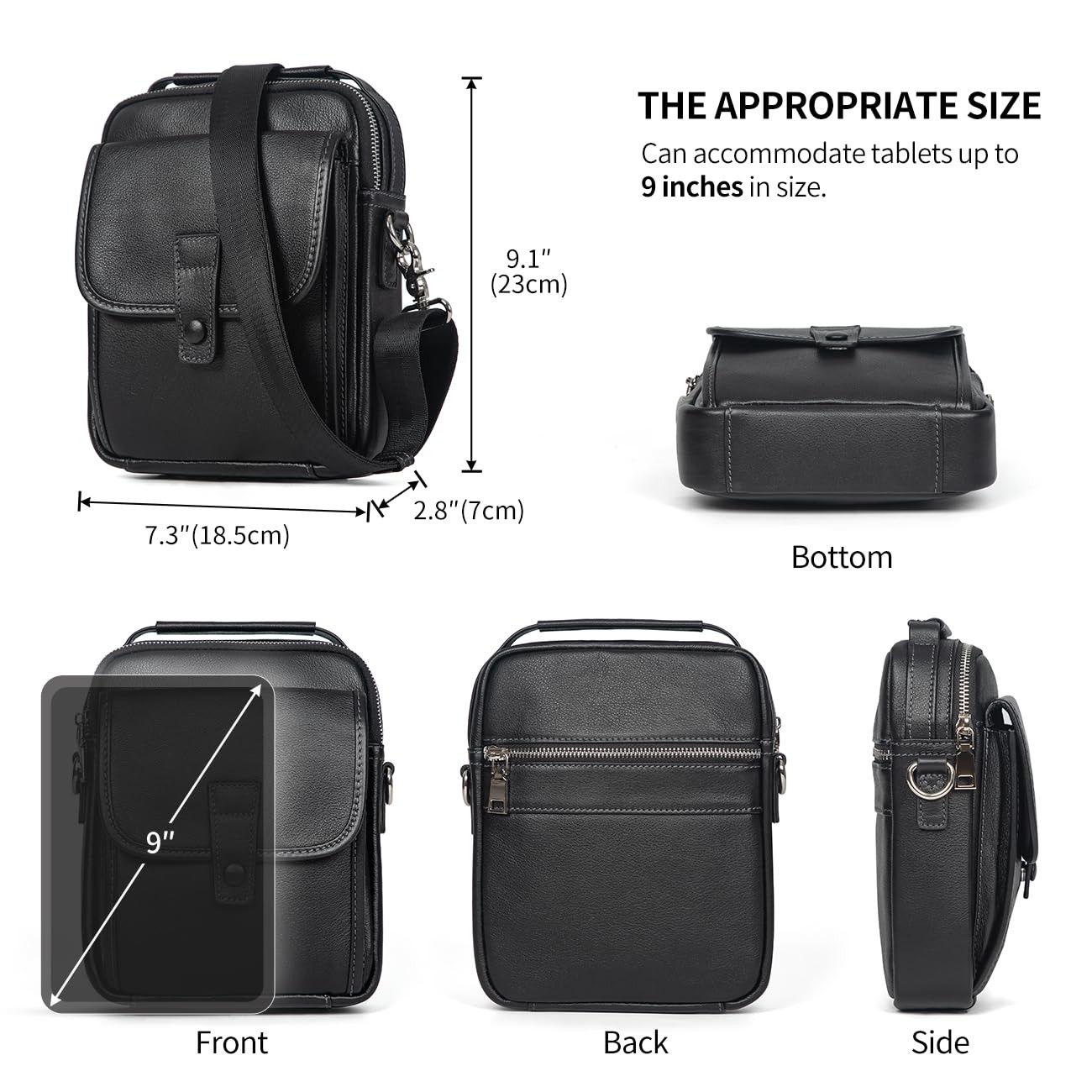 Genuine Leather Messenger Bag Purse for Men Crossbody Black