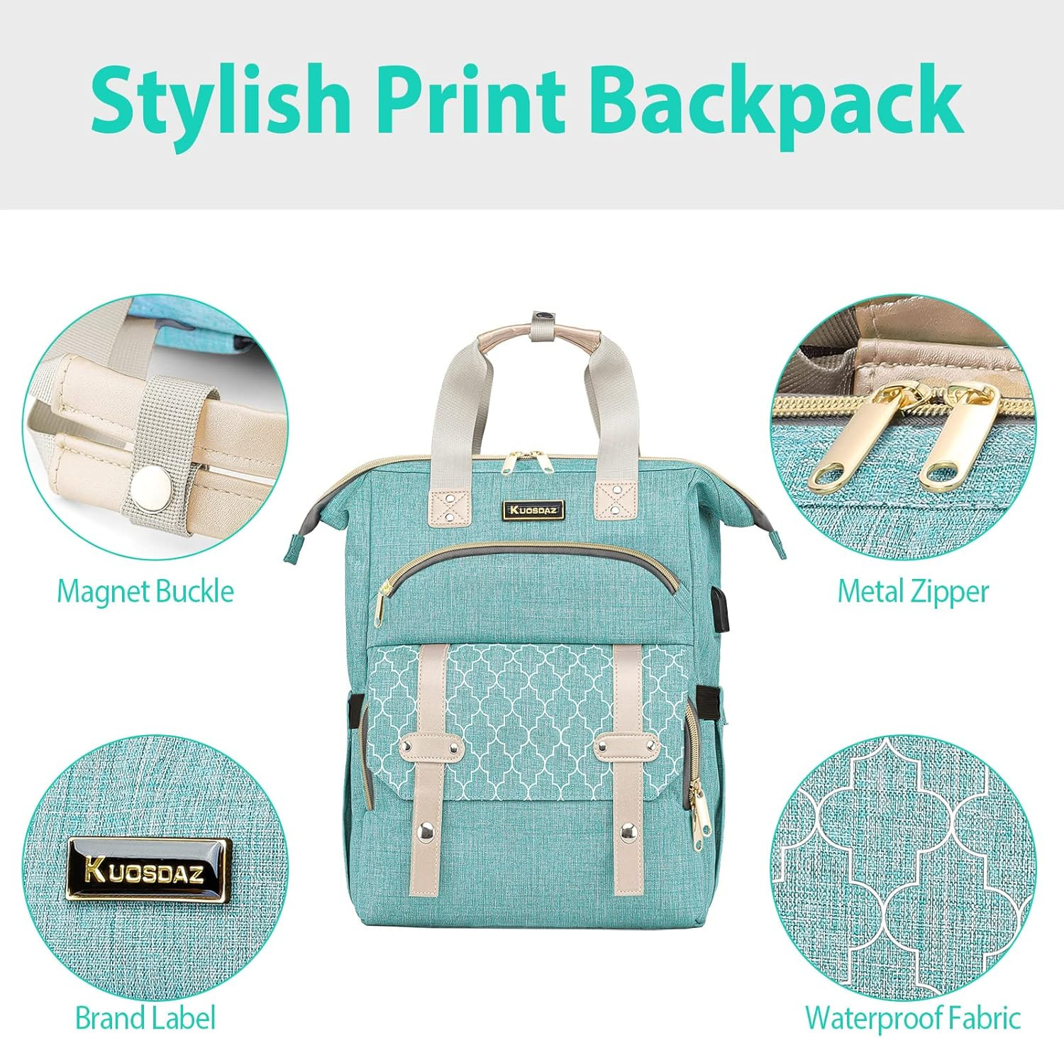 Laptop Backpack for Women 15.6 Inch USB Charging Port Water Resistant Teal