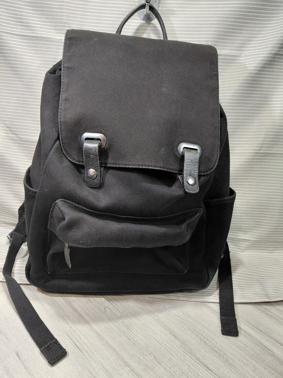 Everlane Backpack Black Canvas Cotton Leather Trim Drawstring Closure