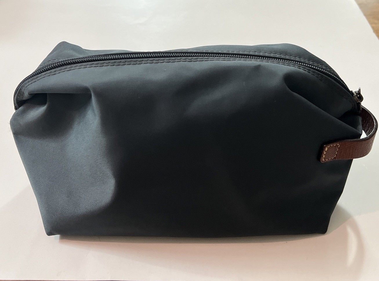 Longchamp Cosmetic Bag Nylon Grayish- Blue & Brown Leather Toiletry Travel Pouch