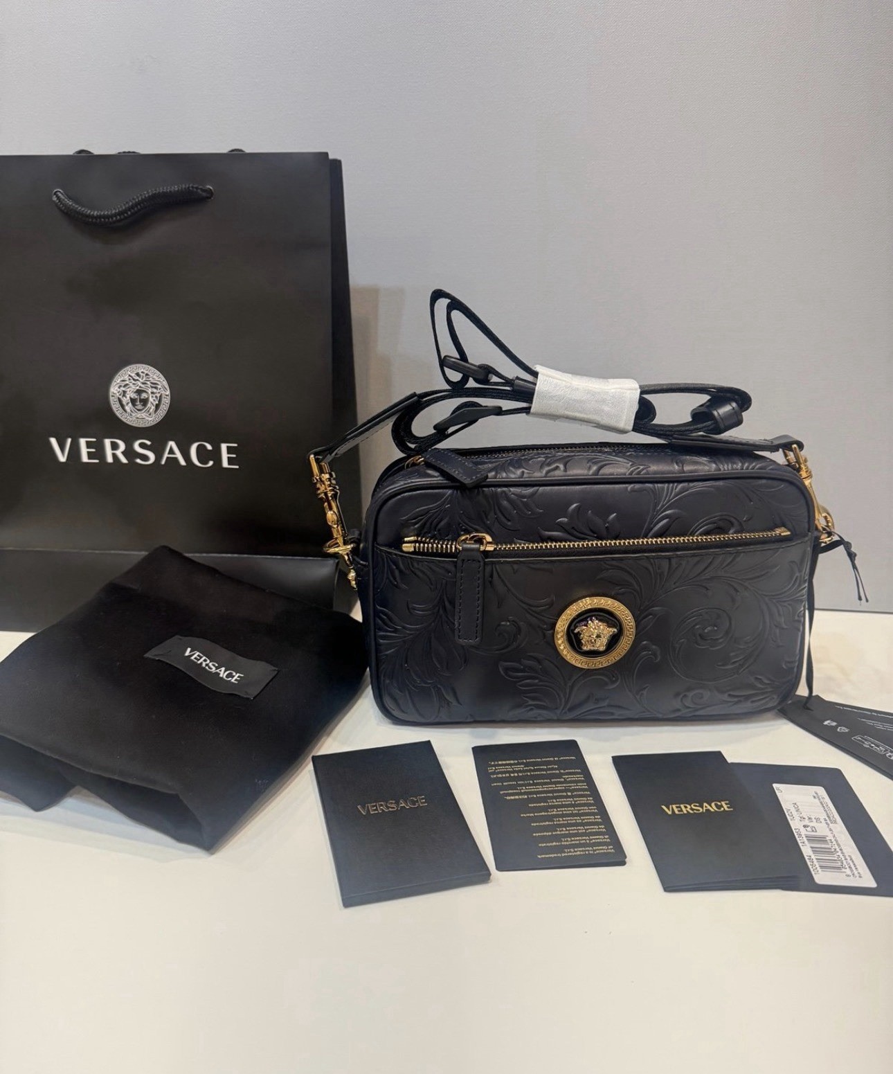 Versace Medusa Head Embossing Calf Leather Blue Crossbody Bag 1005464 IT NWT