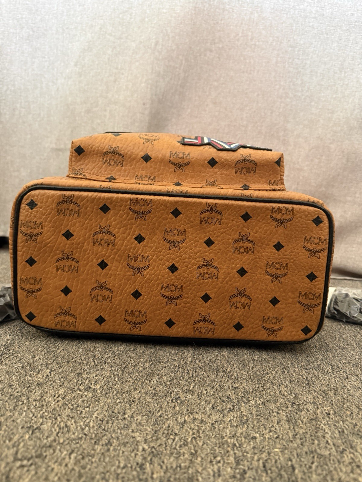MCM Visetos Monogram Brown Zip Medium Backpack w/ Patches, Top Handle
