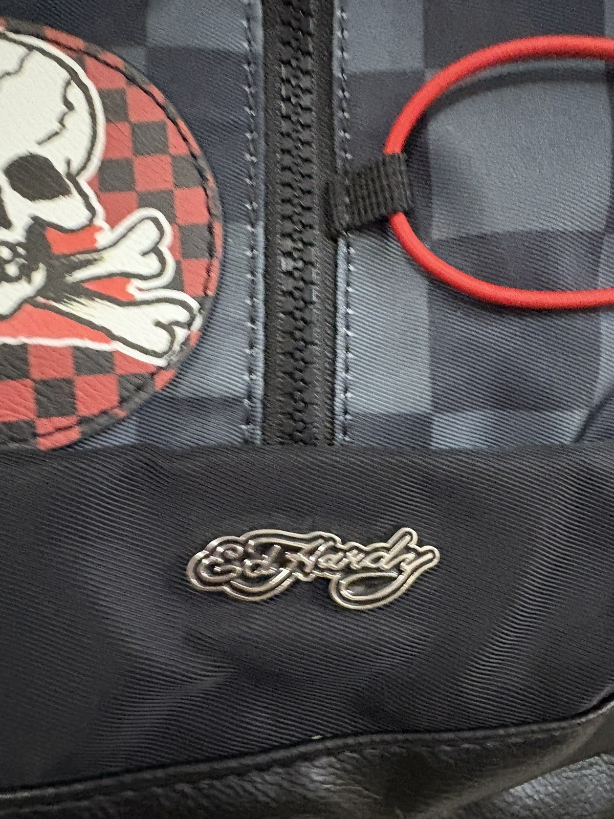 Ed Hardy Tattoo Patch Backpack Skull Tiger Flame Print Black Gray Checkered NWT