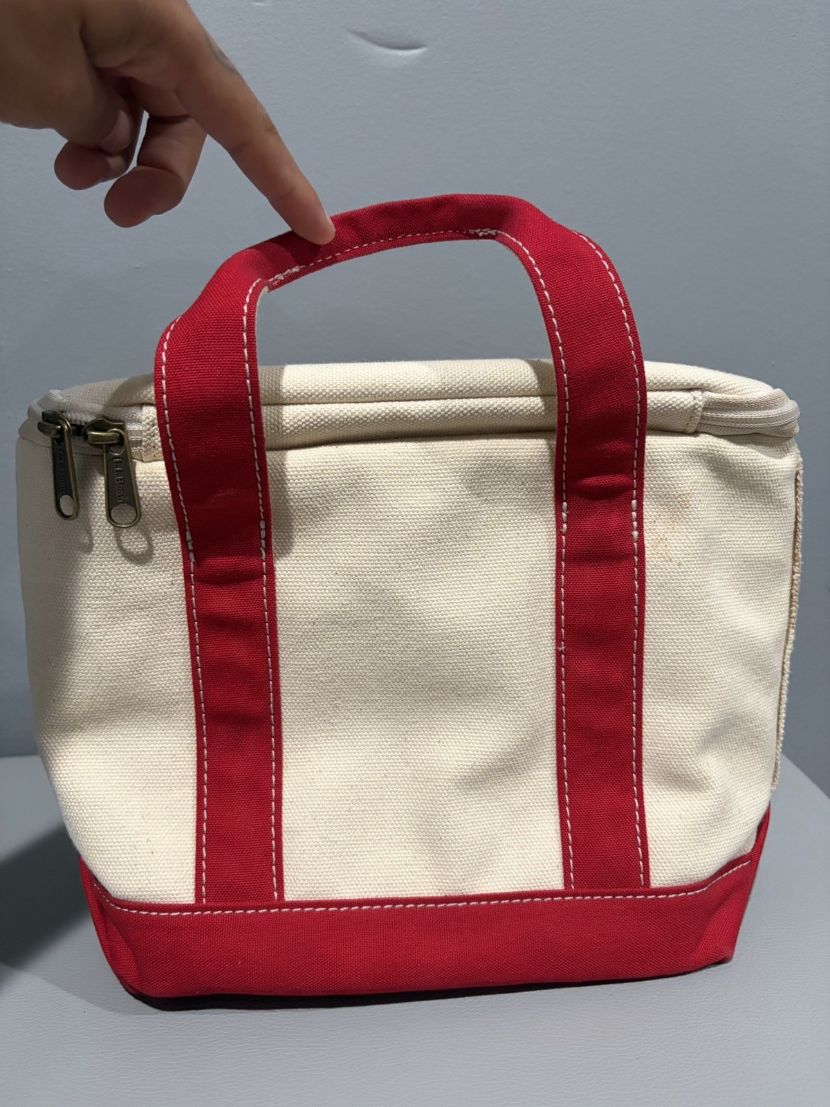 Vintage LL Bean Small Boat Tote Insulated Cooler Lunch Bag Beige Red Handles