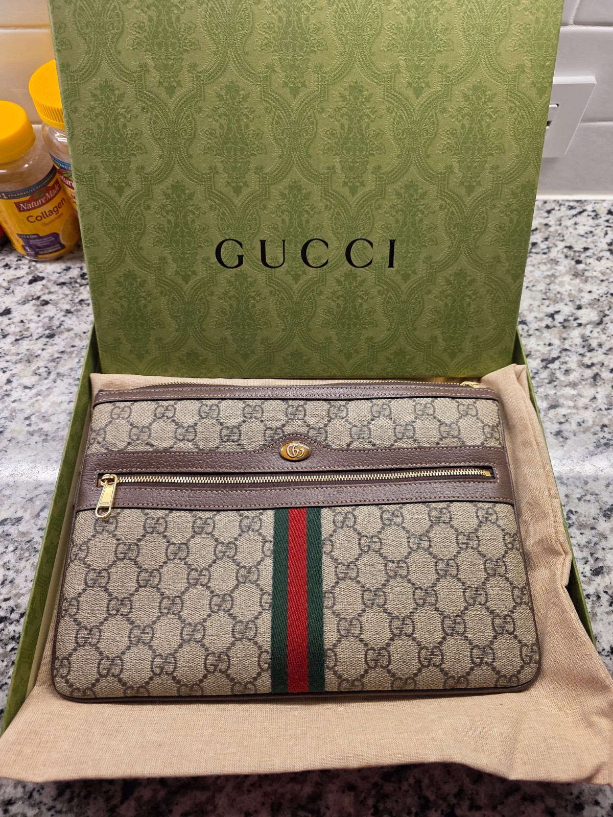 Gucci GG Supreme Web Monogram Clutch Pouch Bag Brown Canvas Leather – Excellent