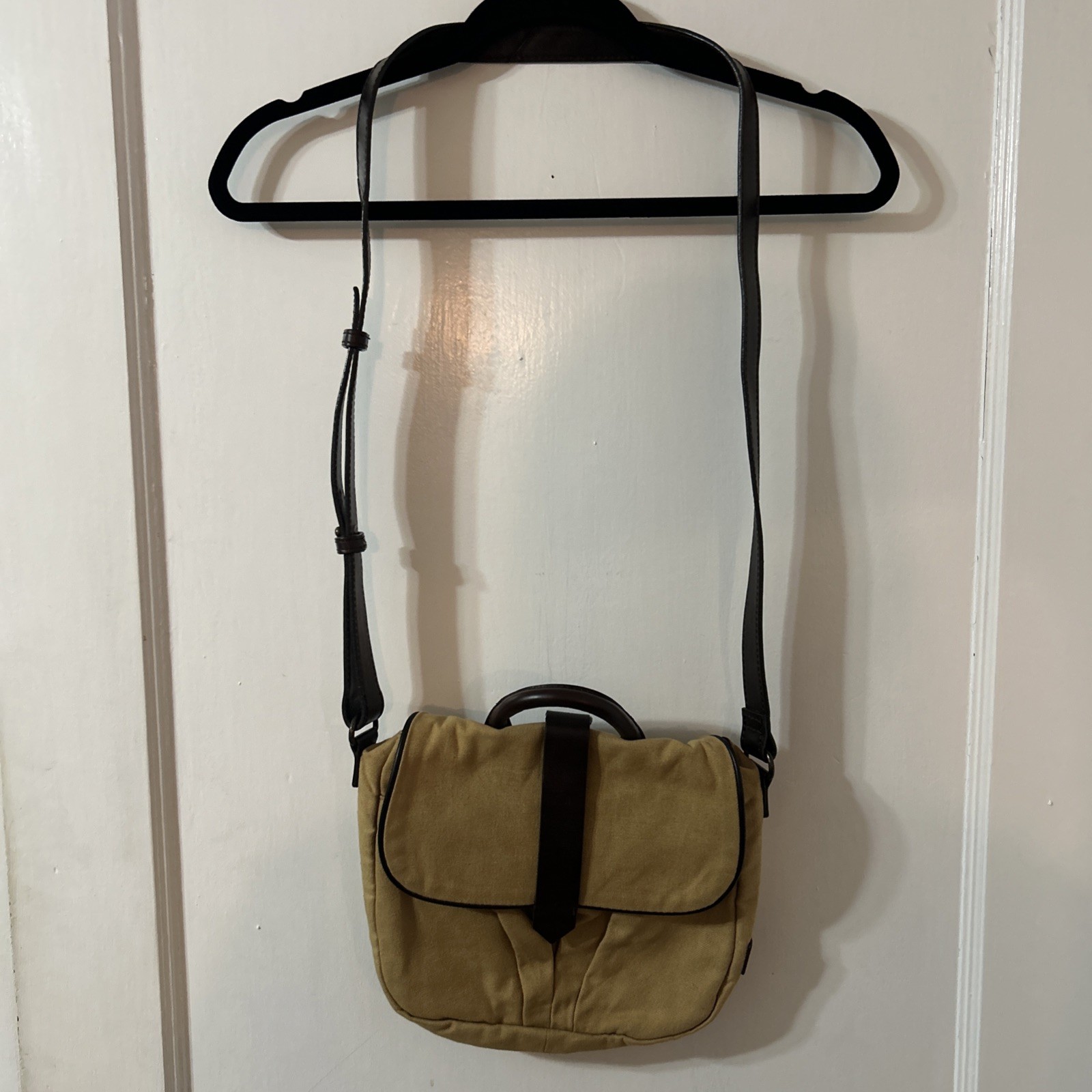 DULUTH TRADING Co Messenger Bag Brown Tan Canvas Leather Trim Satchel Purse